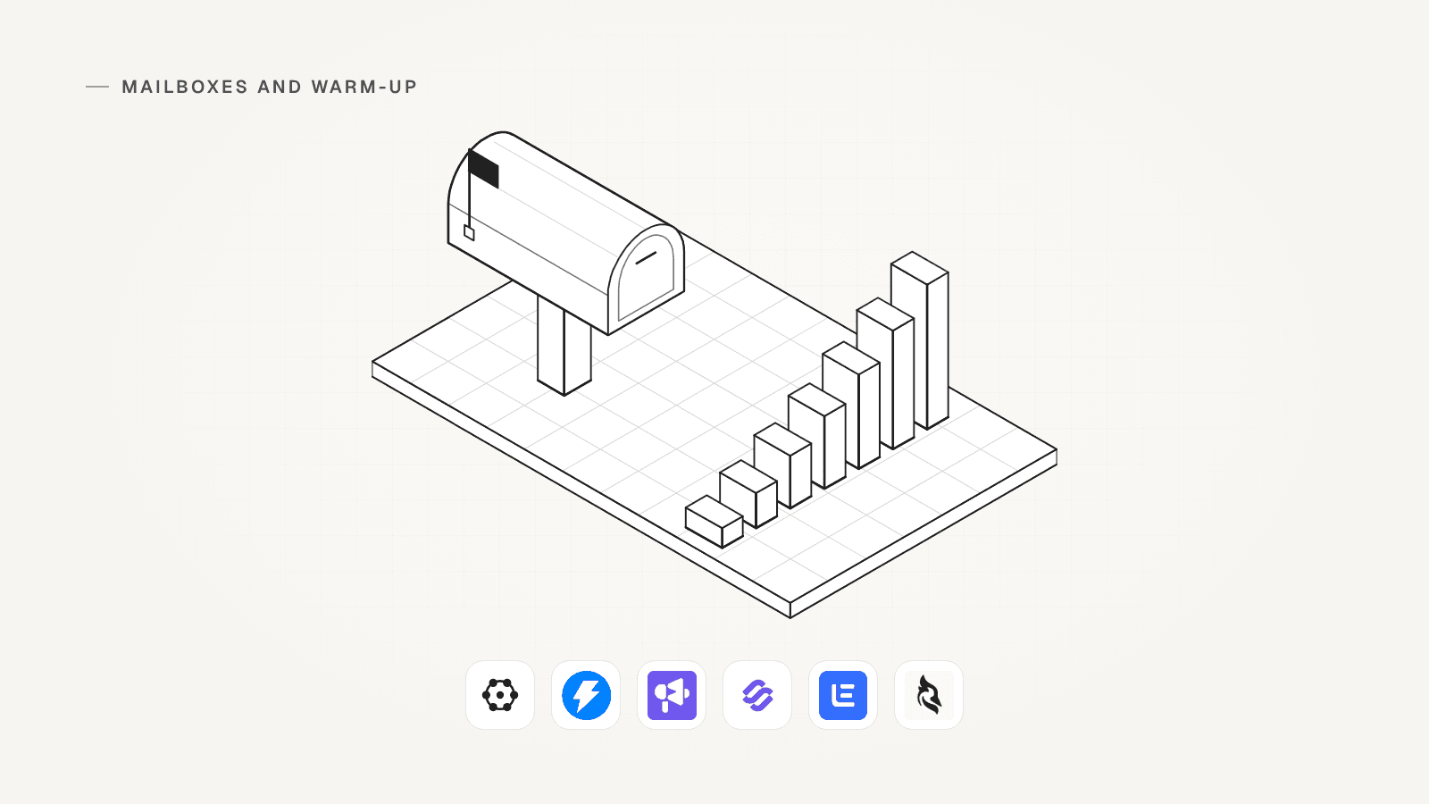 An isometric mailbox beside a warm-up ramp of rising bars, above the marks of the six cold email software tools on the list.