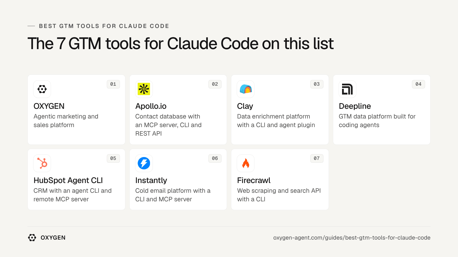The 7 GTM tools for Claude Code on this list: OXYGEN, Apollo.io, Clay, Deepline, HubSpot Agent CLI, Instantly, Firecrawl.