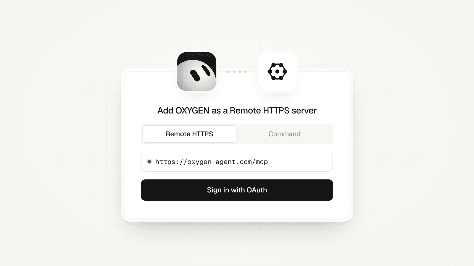 A connect card with the Grok Bot mark linked to the OXYGEN mark: Remote HTTPS, https://oxygencrohq.com/mcp, and Sign in with OAuth.